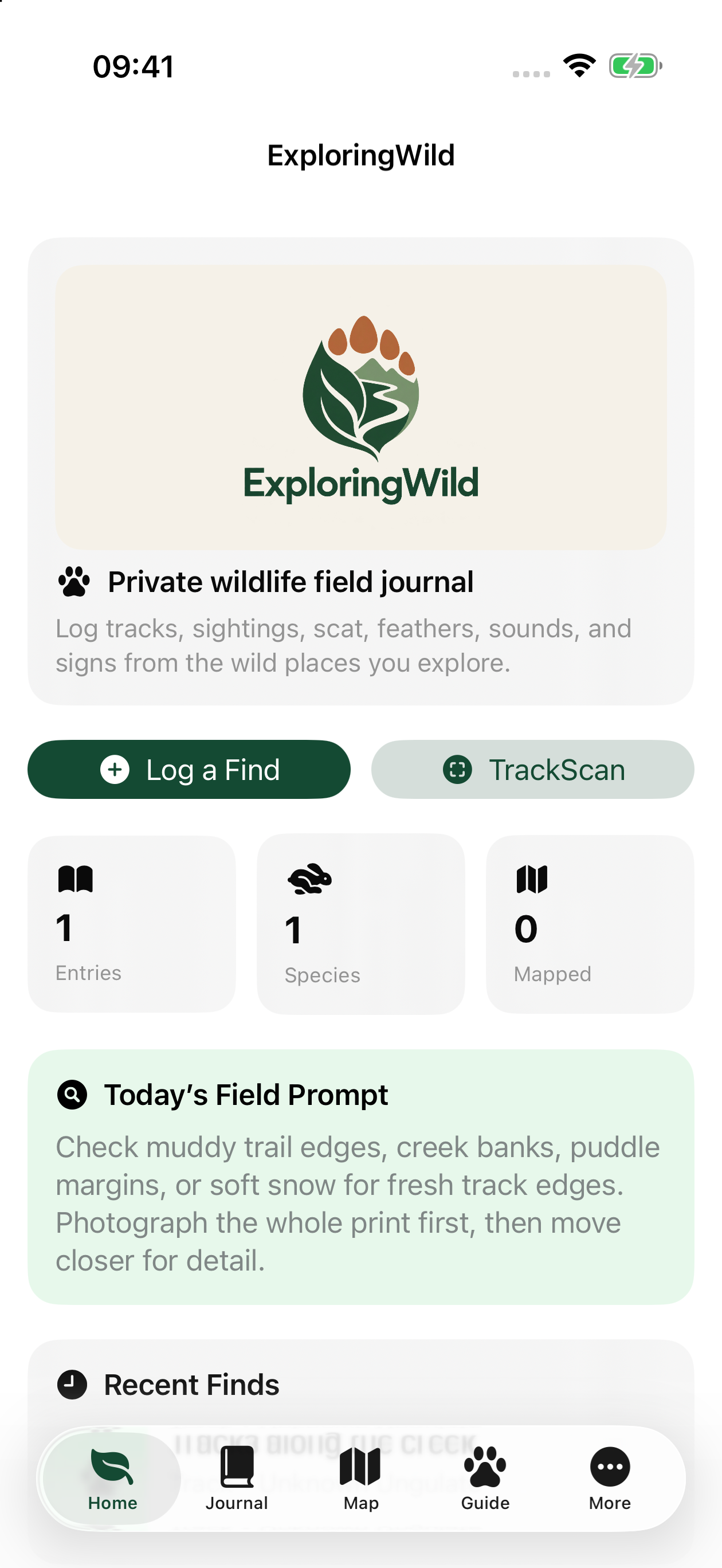 Development preview of ExploringWild wildlife tools, including Log a Find and TrackScan