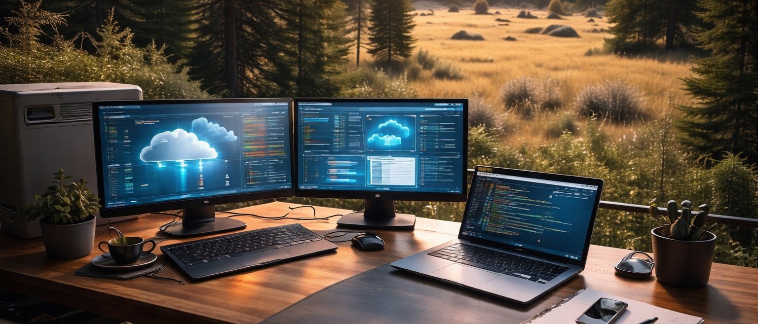 Technology workspace overlooking a wooded landscape